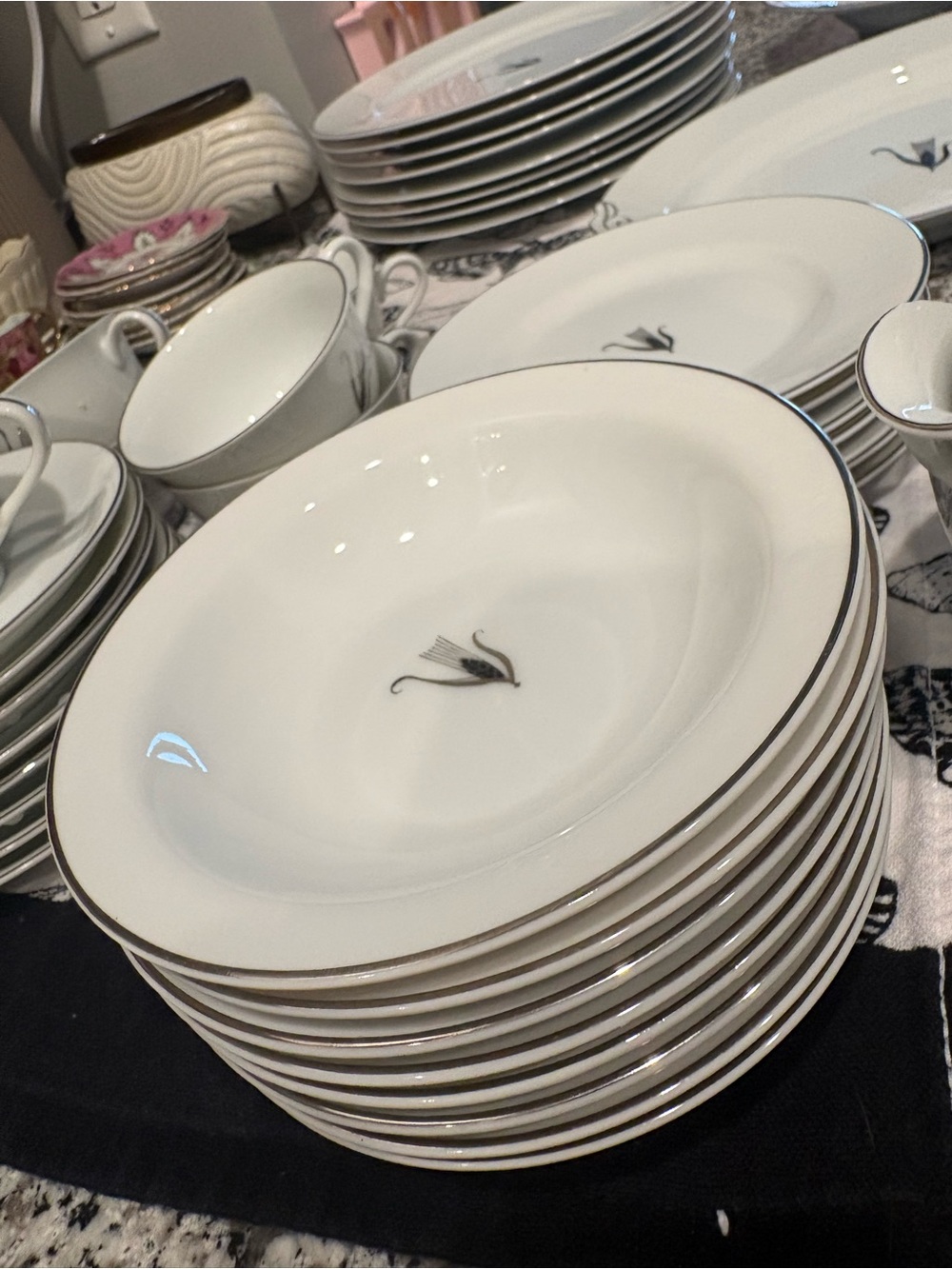 White Porcelain Dinnerware Set with Silver Trim - Elegant Floral Accent